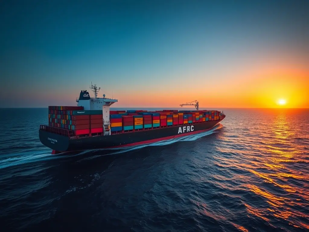 A dynamic shot of a cargo ship at sea, loaded with containers, symbolizing the global reach and reliable shipping services offered by All in 1 Exports.