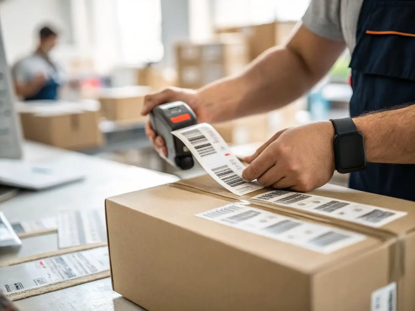 A detailed shot of various product labels being meticulously applied to food containers in a clean, modern packing facility, showcasing the precision and care taken in the labelling process.