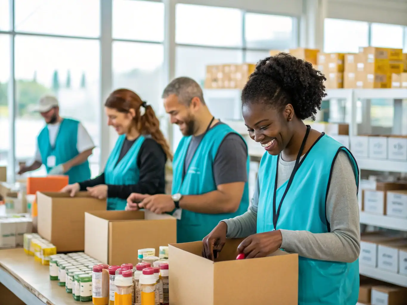 A wide shot of a warehouse where workers are packing boxes with food items, chemicals and minerals.